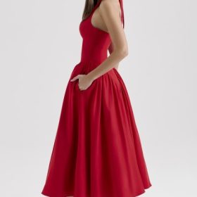 Marilyn Red Twill Halter Midi Dress - Image 10